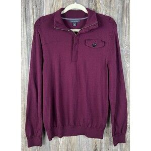 Banana Republic Sweater Mens MED Burgandy Red Merino‎ Wool 1/4 Button Mock Neck